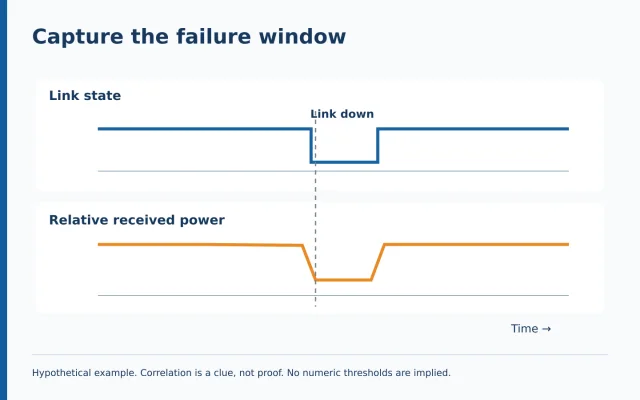 Hypothetical timeline correlating a link-down event with a received-power dip.