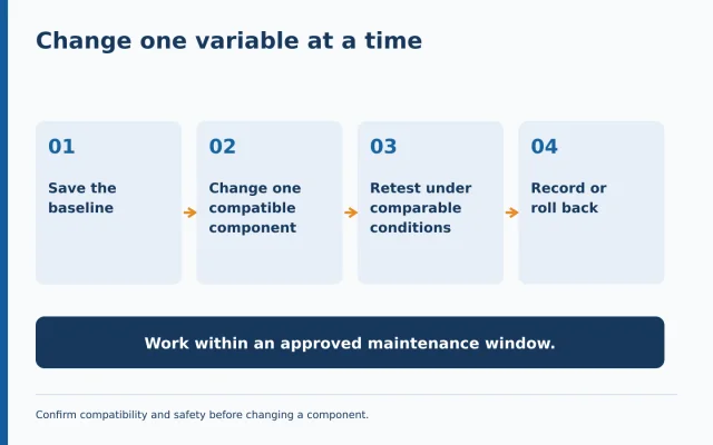 Controlled troubleshooting workflow that changes one component at a time and records the result.